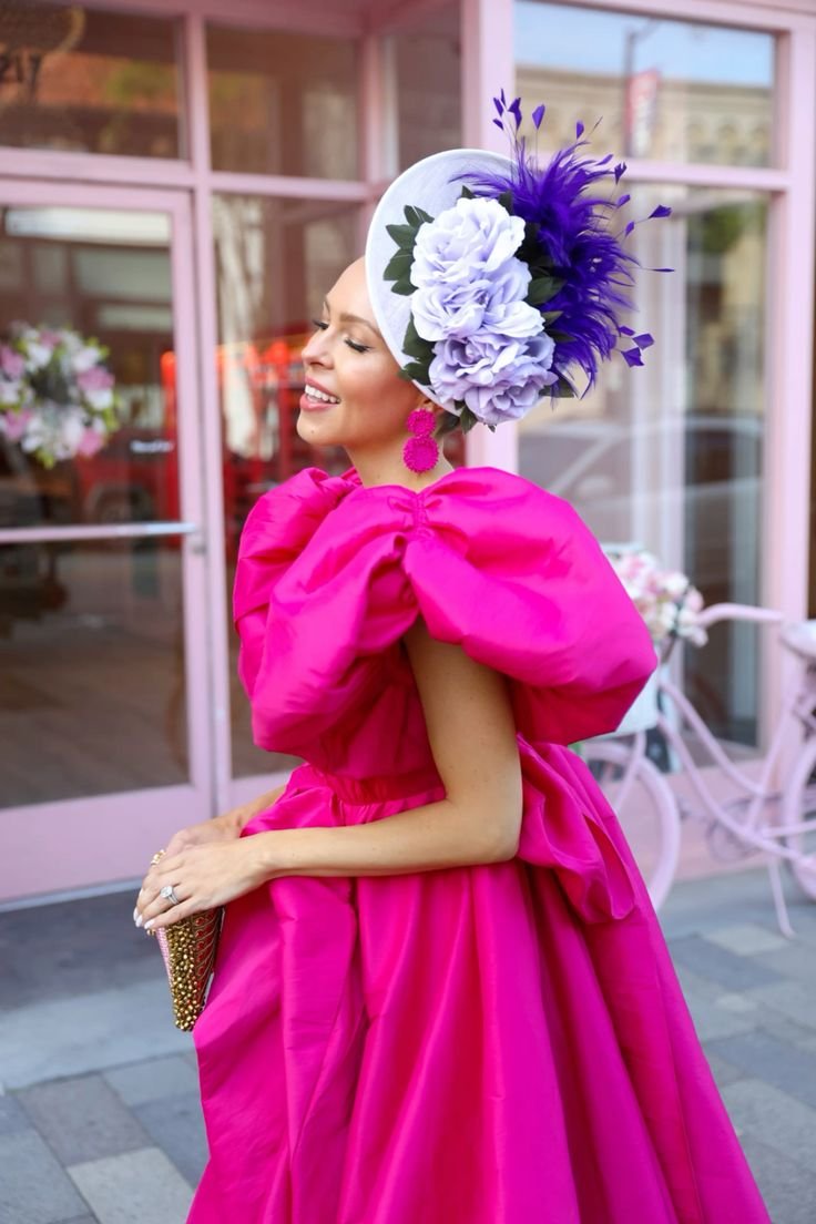 Colorful dress with a fascinator